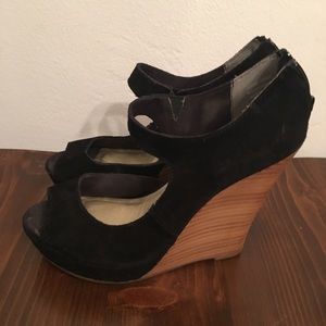 Seychelles wood stack wedges in black suede.